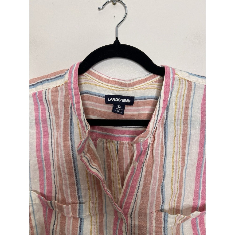 Lands End Womens Linen Top Size 2X 20W-22W Womens Button Front Roll Tab Sleeve - Picture 6 of 9